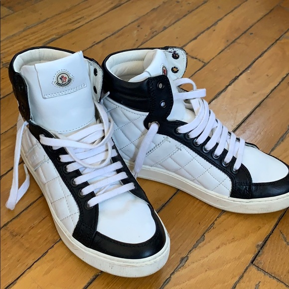 Moncler hi top sneaker in black & white size 37 - Picture 1 of 8